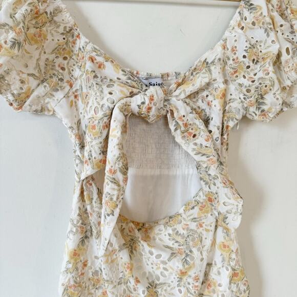 En Saison Yellow Floral Eyelet Tie Front Cut Out Puff Sleeve Smocked Dress S - Picture 7 of 13